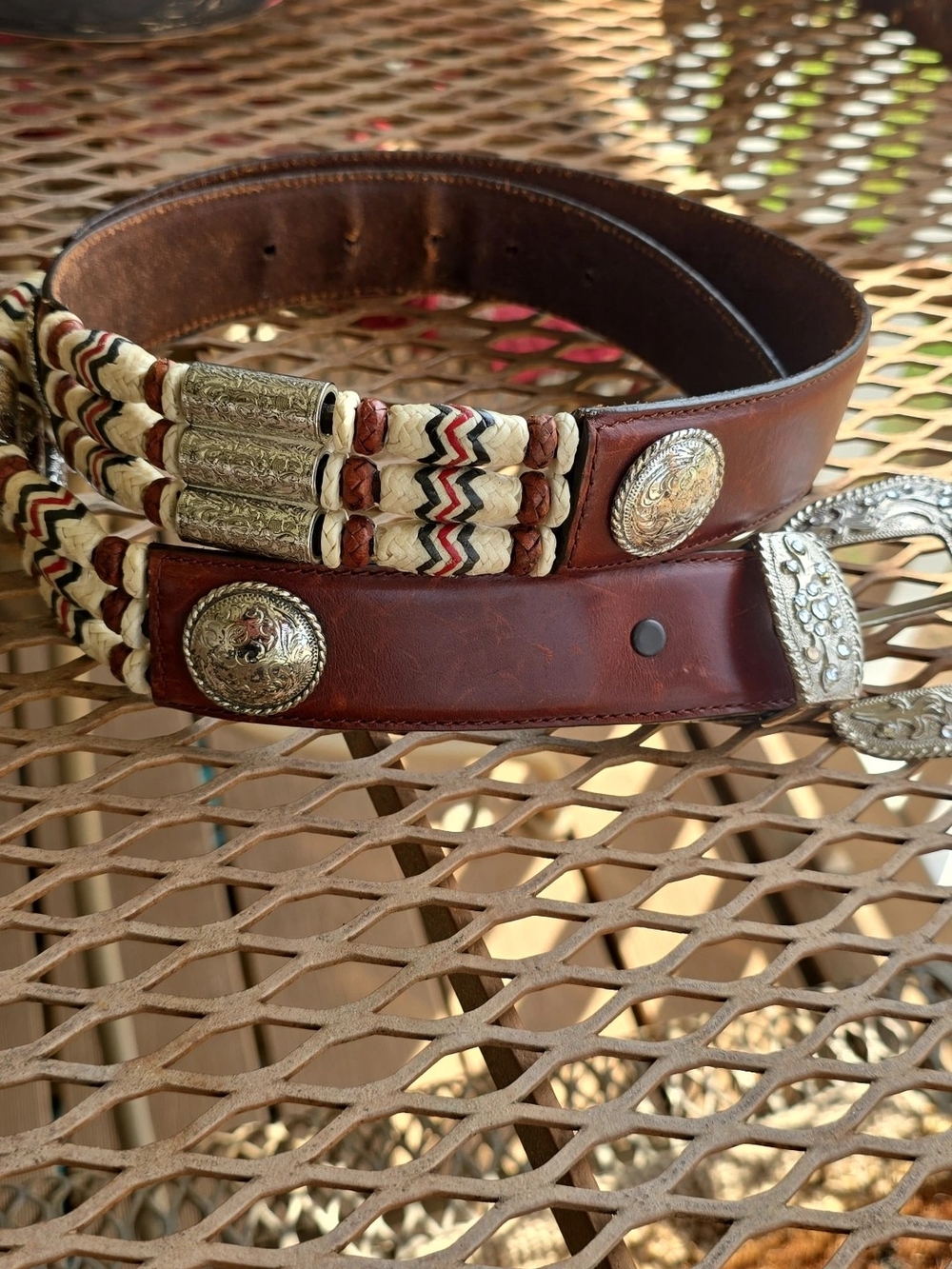 Vintage Leather Western Belt with Silver Conchos and Braided Cream Accents